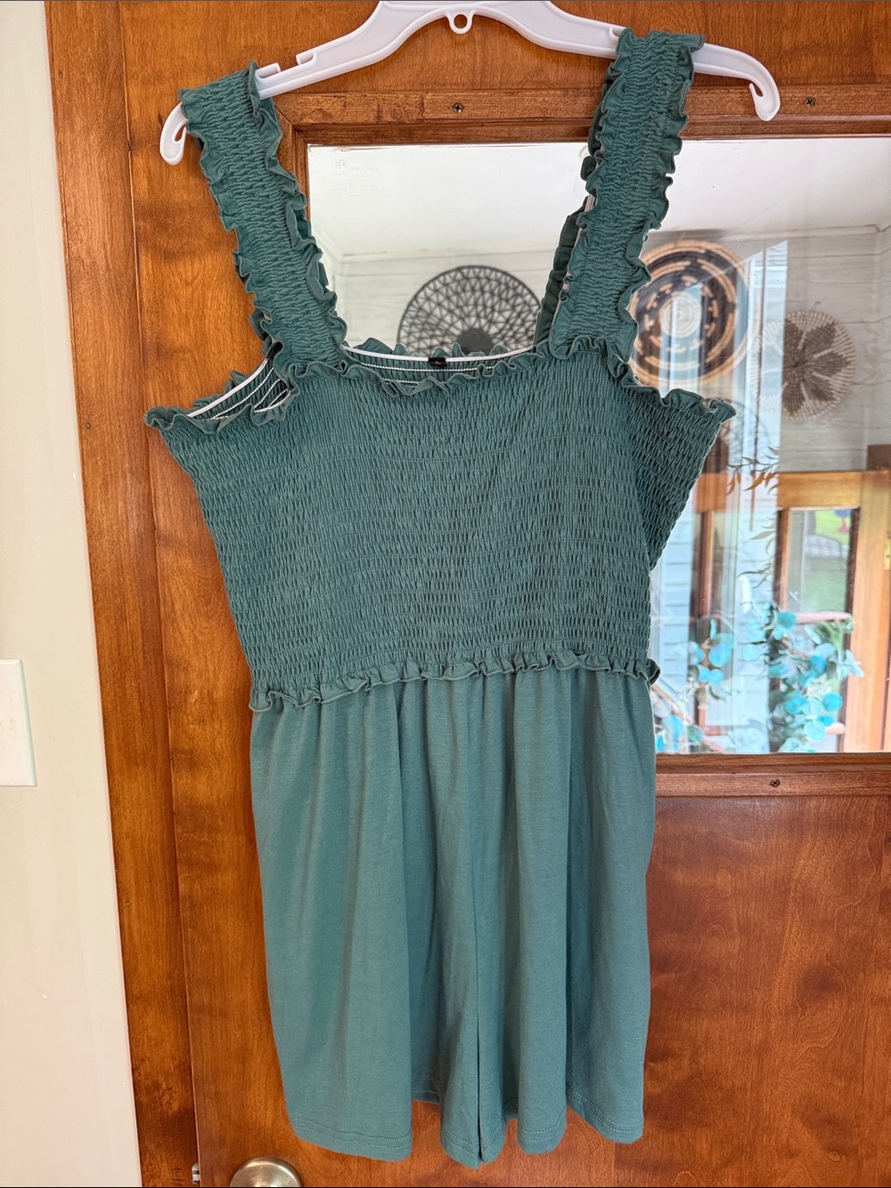 Women’s Smocked Ruffle Strap One-Piece Romper - Teal Green